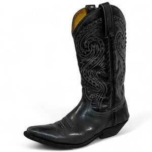Tom Houston Black Grey Leather Cowboy Boots Size 8 Western Pointed Toe